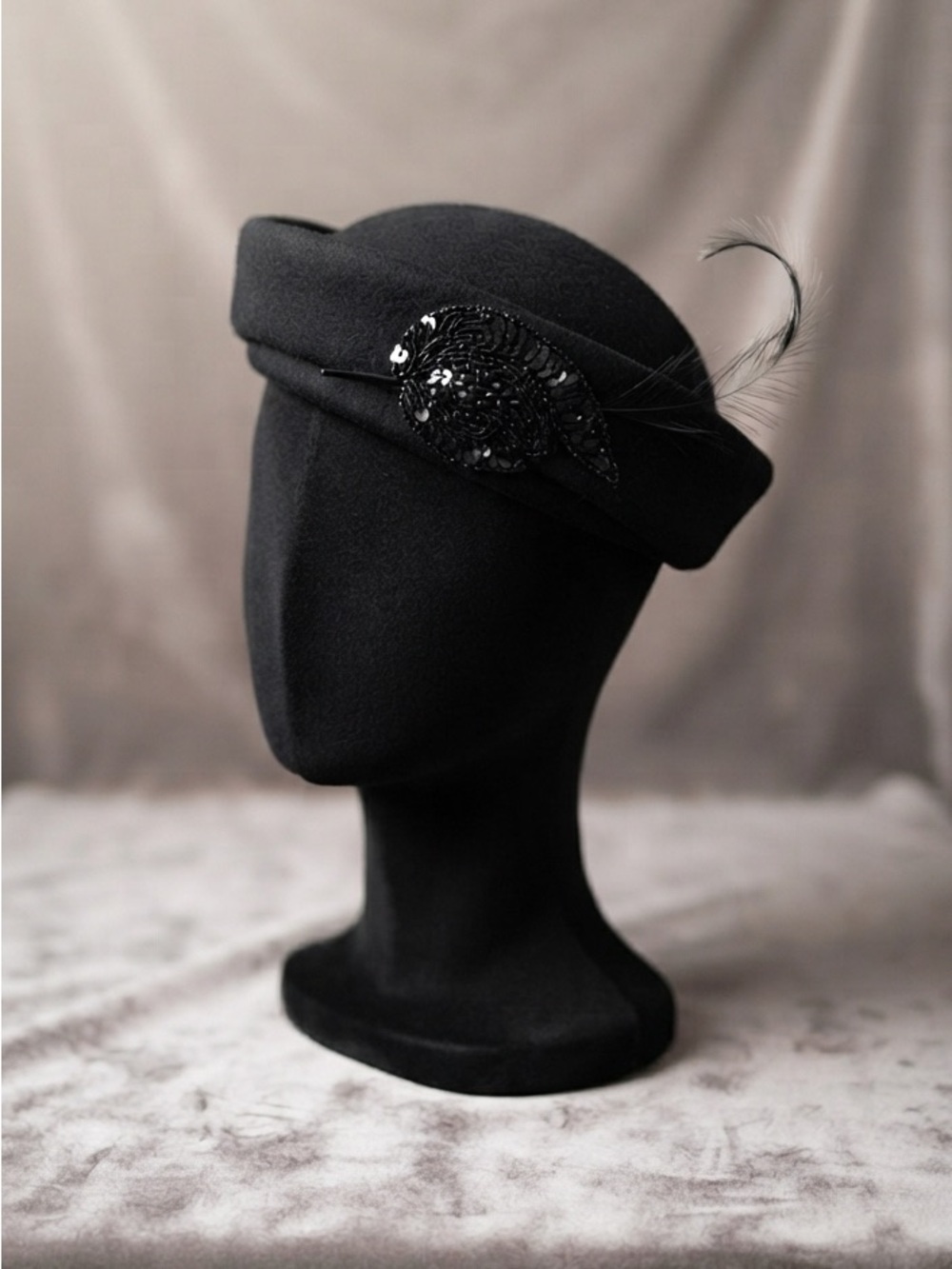 Vintage Georgette Black Felt Cocktail Beret with Beaded & Feather Detail